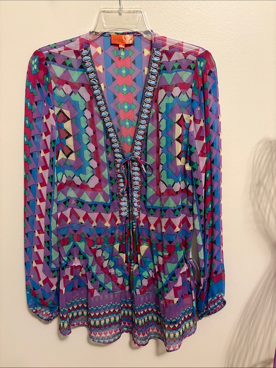 Hale Bob Tops - Hale Bob Purple Multi Geometric Sheer Silk Tunic/Coverup